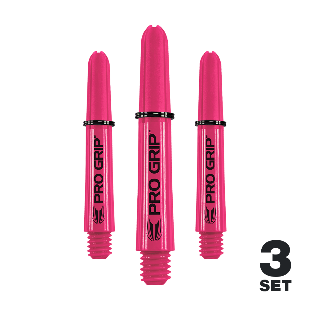 Das Bild zeigt drei pinke Pro Grip Shafts für Dartpfeile. In der rechten unteren Ecke steht "3 Set".