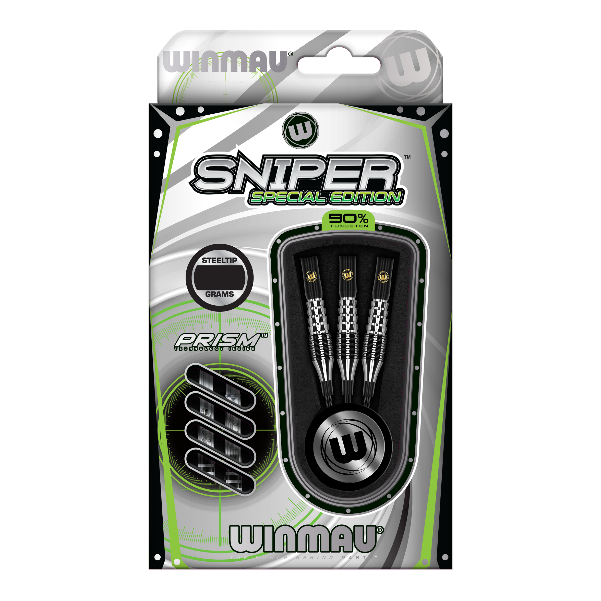 Die Abbildung zeigt die Winmau Sniper Special Edition V1 Steeldarts in ihrer Verpackung. Die Verpackung hebt hervor, dass die Darts aus 90% Tungsten bestehen und Prism-Technologie besitzen.
