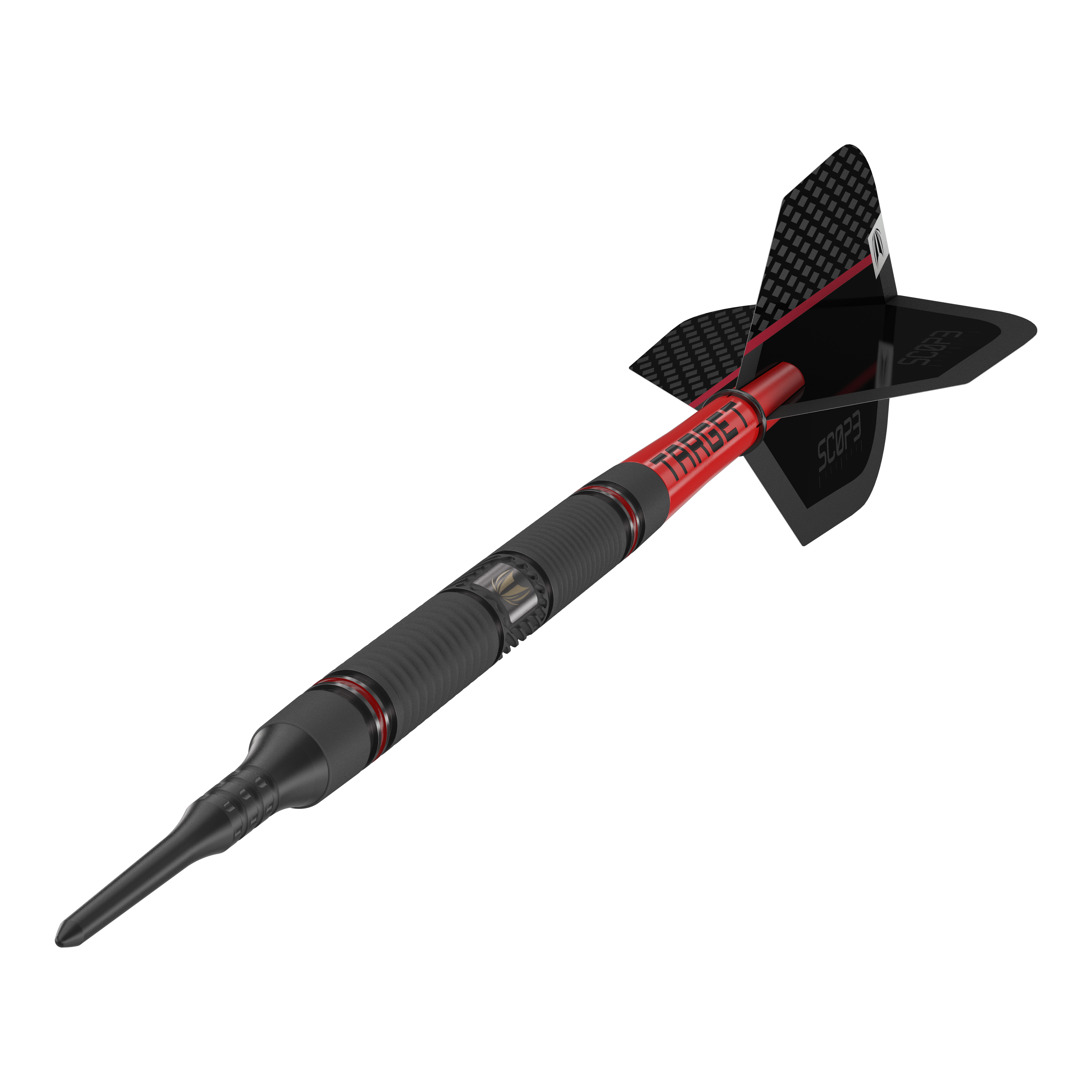 Das Bild zeigt einen modernen Softdart mit dem Namen "Target Scope 10 Softdarts". Der Dart ist schwarz und rot gestaltet und hat eine auffällige, strukturierte Oberfläche sowie eine schwarze Flight.