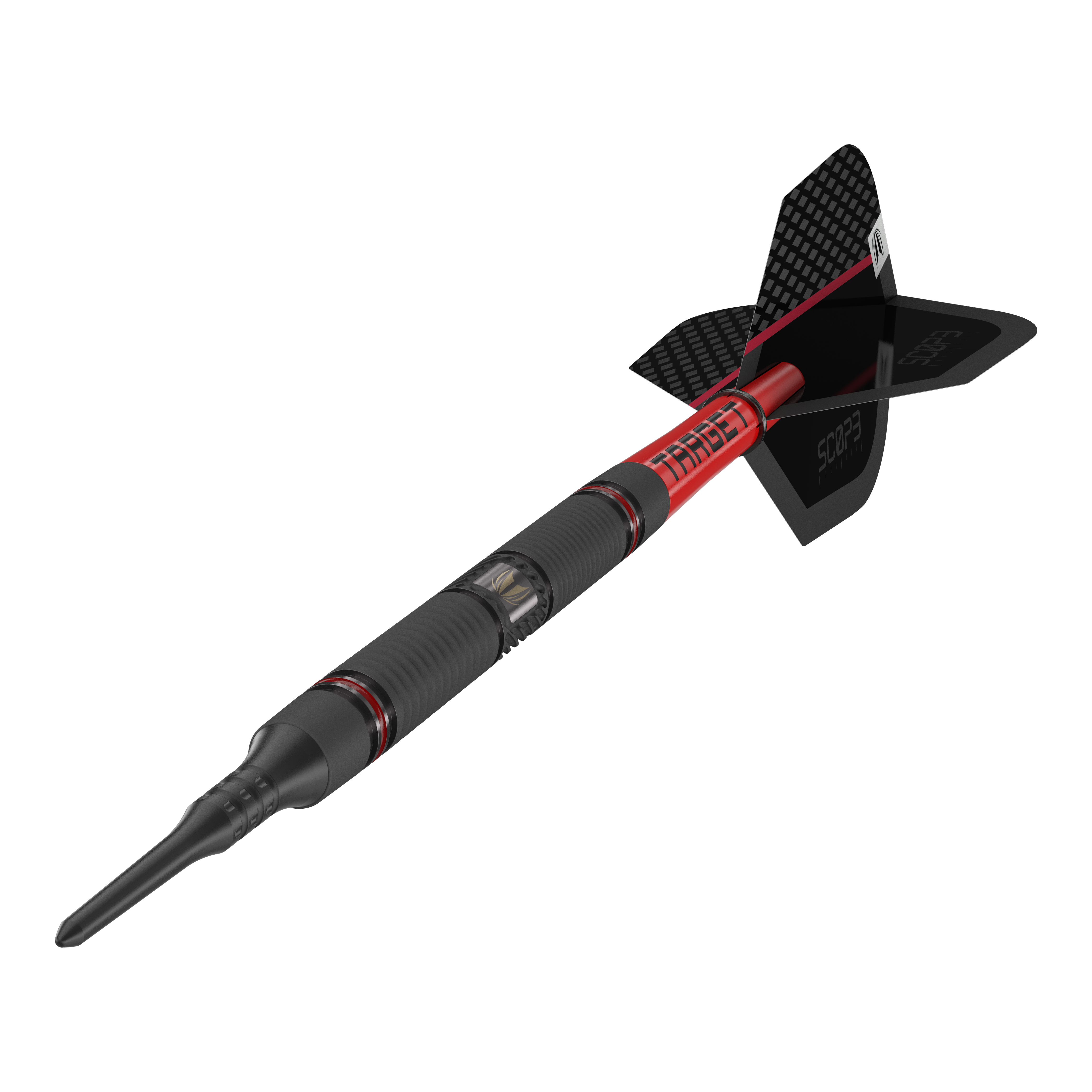 Target Scope 10 Softdarts Das Bild zeigt einen modernen Softdart mit dem Namen "Target Scope 10 Softdarts". Der Dart ist schwarz und rot gestaltet und hat eine auffällige, strukturierte Oberfläche sowie eine schwarze Flight.