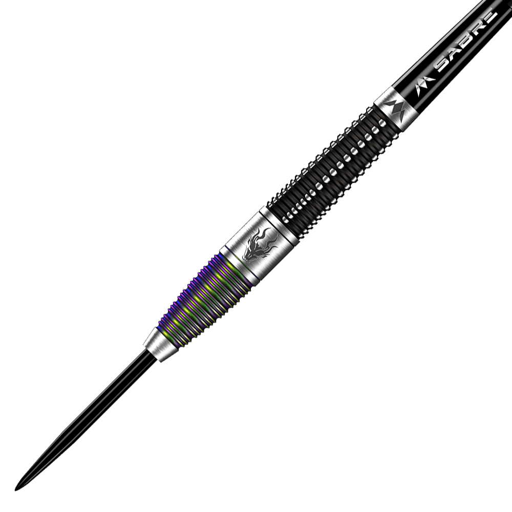 Das Bild zeigt einen Mission Occult Steeldart mit einem Gewicht von 23 Gramm. Der Dartpfeil hat ein elegantes Design mit metallischen und farbigen Rillen.