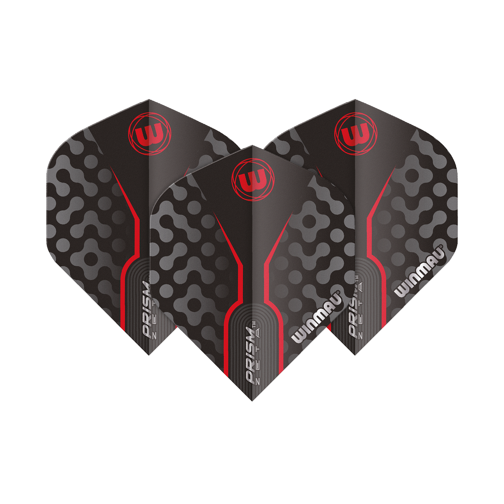 6915-306_Winmau_Prism_Zeta_GreyRed_Standard_Flights_1fPpGflTHlsCKi Das Bild zeigt drei Dart-Flights des Modells "Winmau Prism Zeta GreyRed Standard". Die Flights sind grau mit roten Akzenten und einem modernen Muster gestaltet.