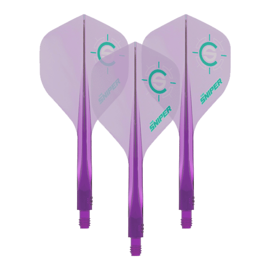 Das Bild zeigt drei lilafarbene Dart-Flights des Modells „Condor Axe 120 Connor Scutt Sniper Clear Purple“. Auf den Flights ist ein grünes Ziel-Logo sowie das Wort „Sniper“ zu sehen.