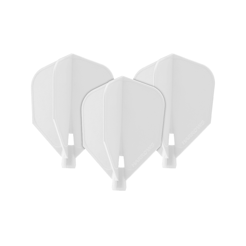 HRC-110_Harrows_Clic_Standard_Flight_White_1iofFBB9vGdUcq Das Bild zeigt drei weiße Harrows Clic Standard Flights. Sie sind Zubehörteile für Dartpfeile.