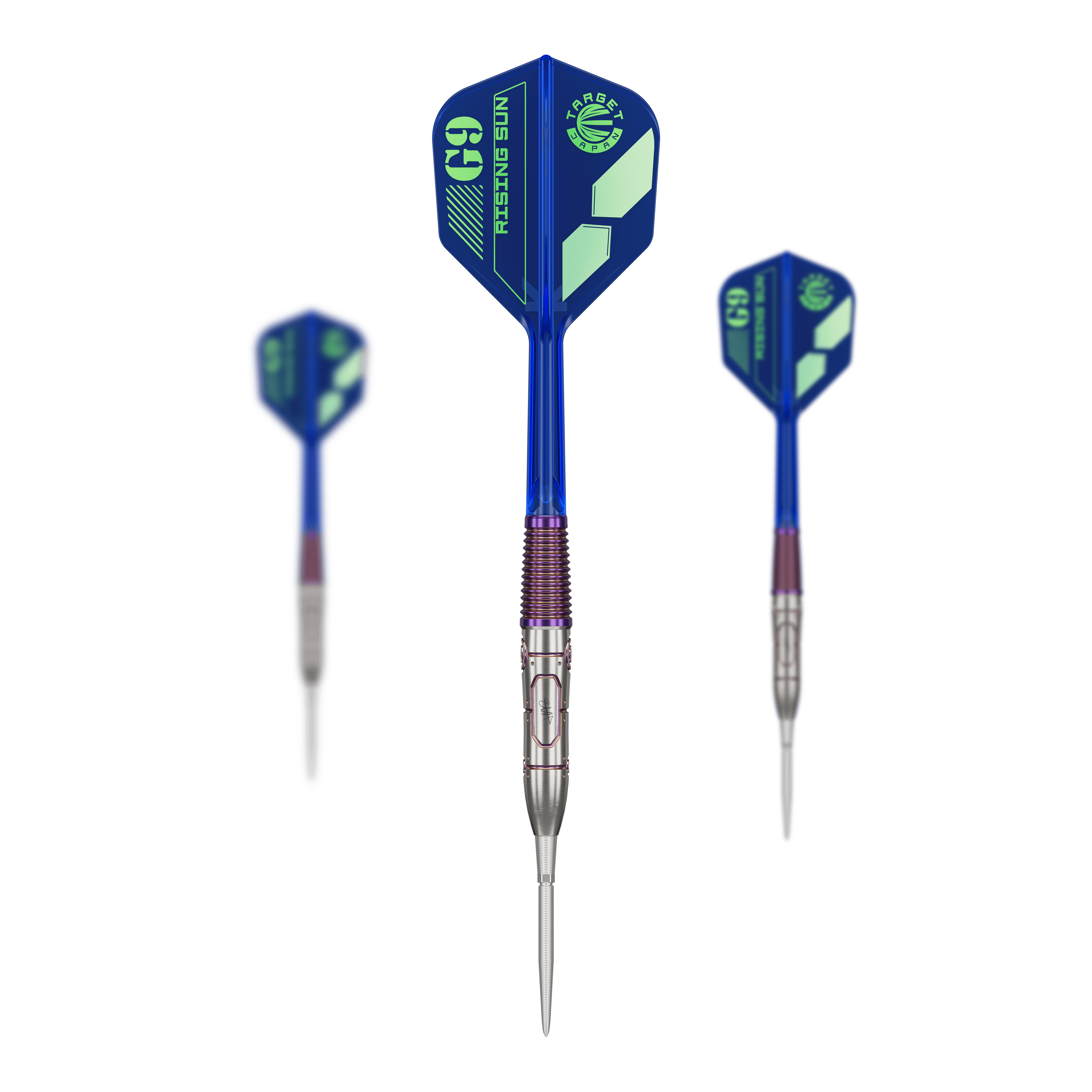 Das Bild zeigt drei Steeldarts des Modells "Target Japan Haruki Muramatsu Rising Sun GEN9 - 23g". Die Darts haben blaue Flights mit grüner Aufschrift und silberne Spitzen.