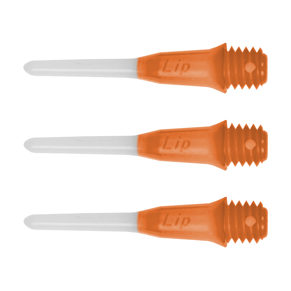 Das Bild zeigt drei kurze L-Style Lippoints mit einer zweifarbigen Gestaltung in Orange und Weiß. Die Spitzen haben ein Schraubgewinde und sind speziell für Softdartpfeile geeignet.
