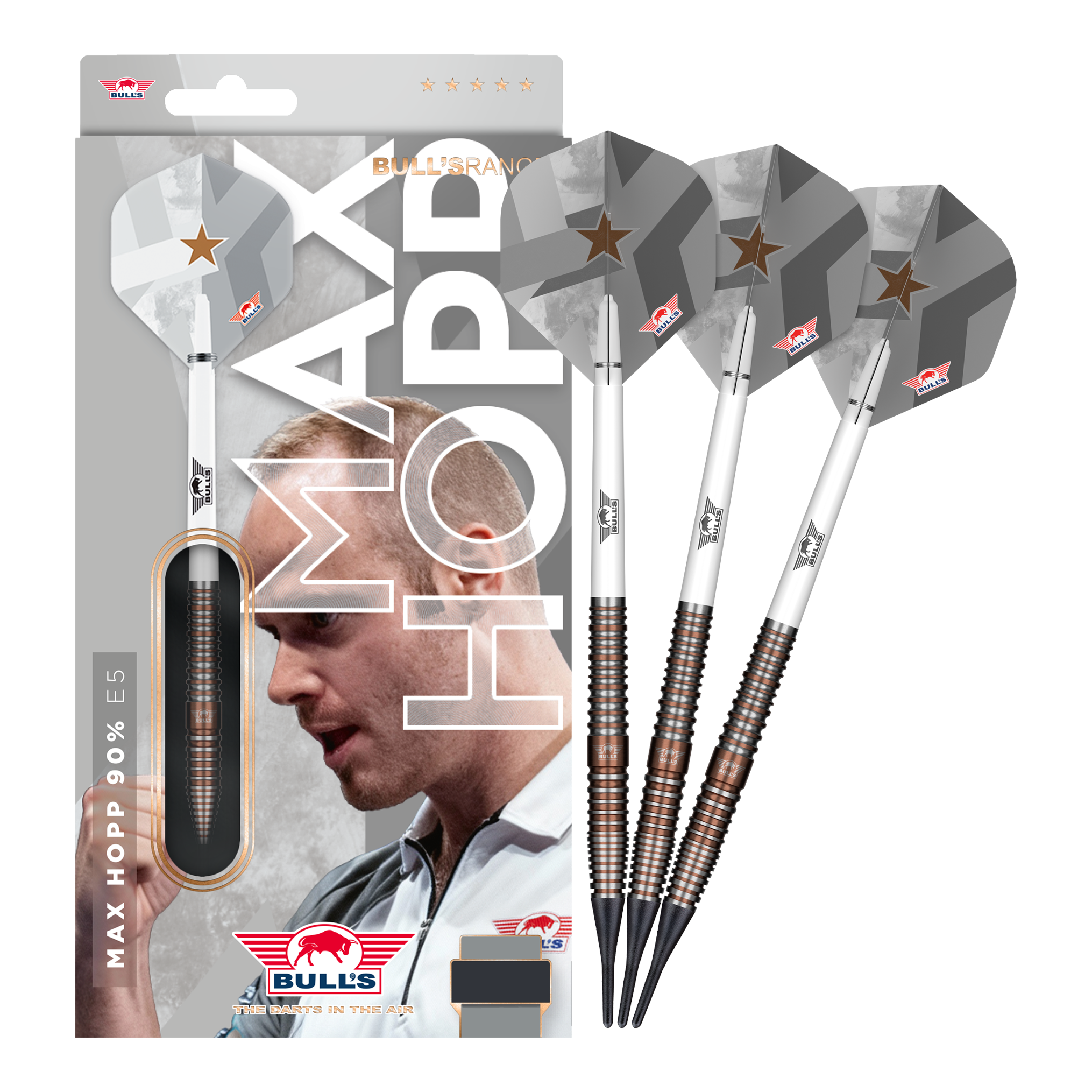 Zu sehen ist das Set Bulls NL Max Hopp E5 Softdarts im Gewicht 20g. Die Darts sind ideal für Softdart-Enthusiasten geeignet.