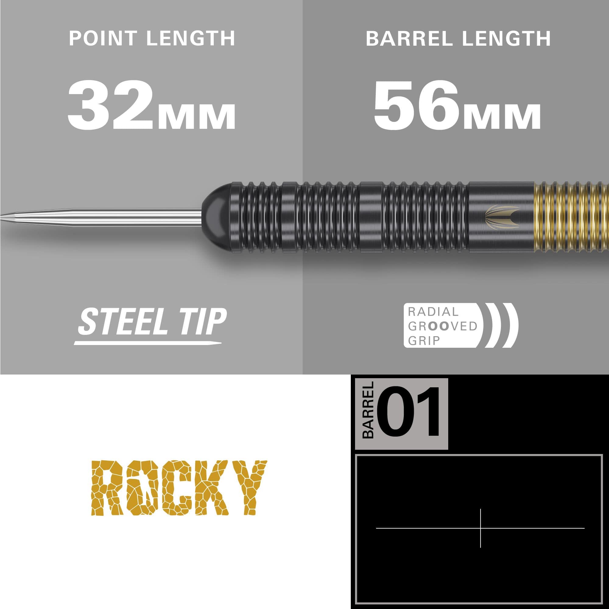 Target Josh Rock Brass Steeldarts - 22g Das Bild zeigt den Target Josh Rock Brass Steeldart mit einer Stahlspitze. Die Spitzenlänge beträgt 32 mm und die Barrel-Länge 56 mm, mit radial gerilltem Griff.