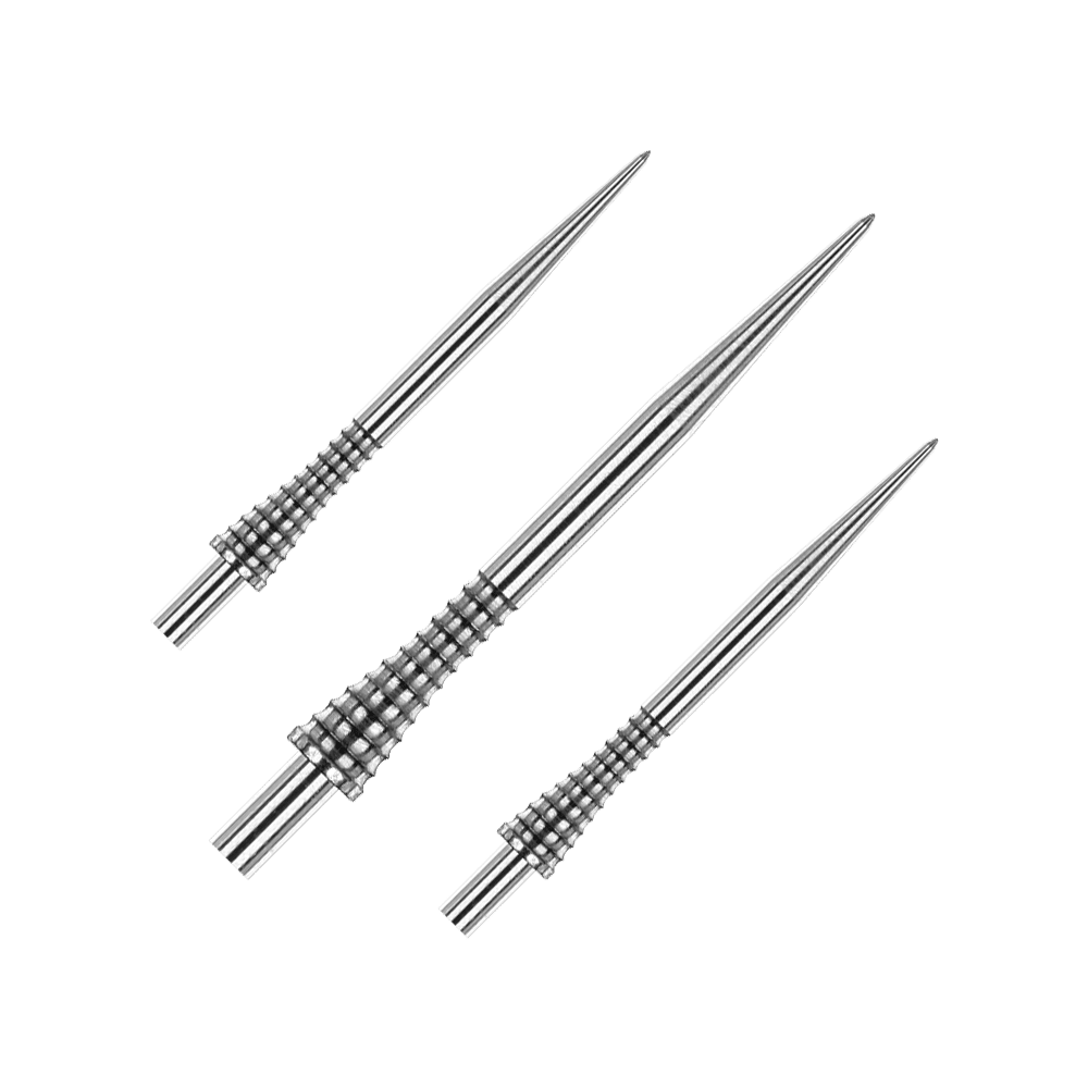 Das Bild zeigt drei silberne Steeldartspitzen mit geriffeltem Griffdesign. Es handelt sich um das Produkt "Red Dragon Raptor Gripped Silver Steeldartspitzen 38mm".