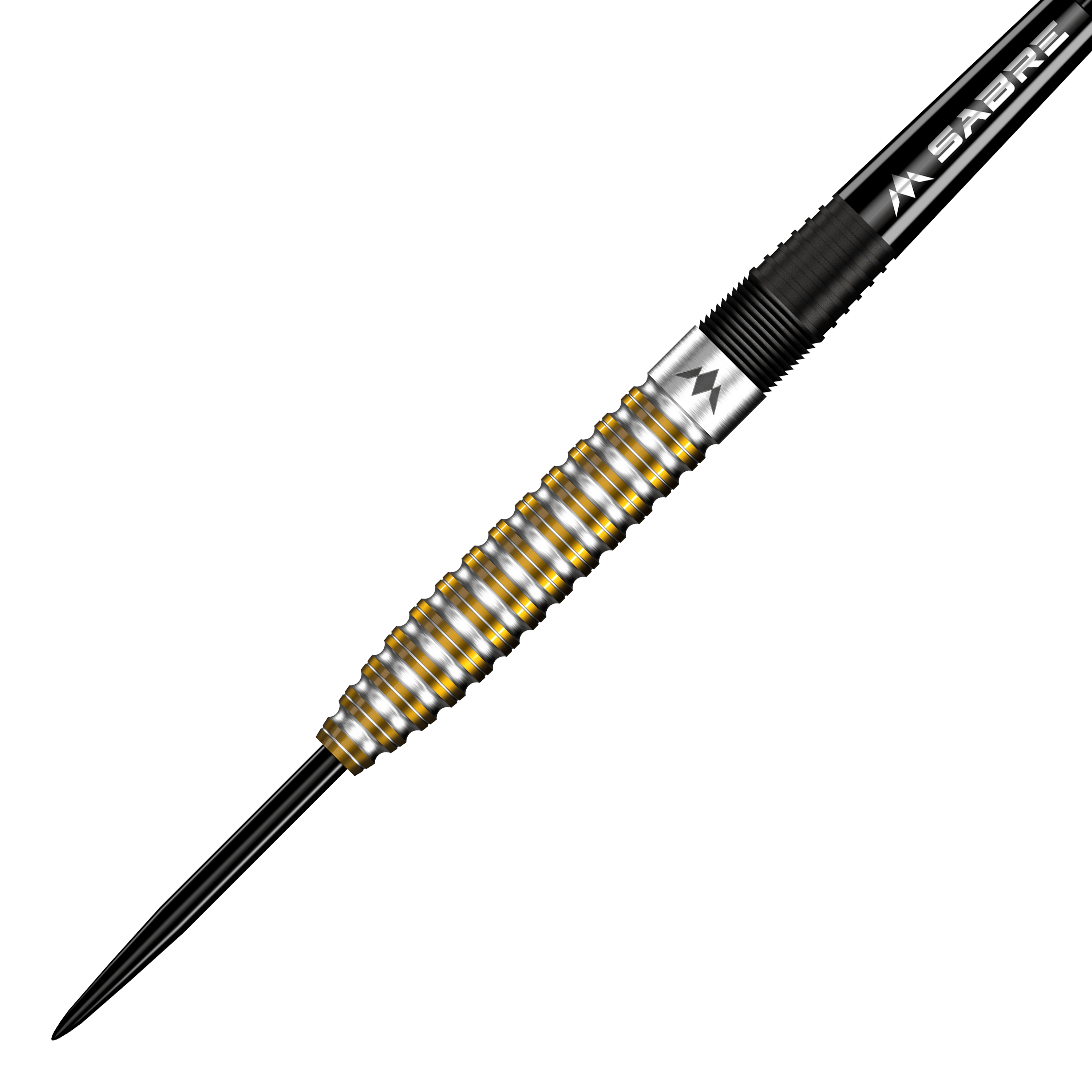 Mission Oskar Lukasiak Black Gold PVD Steeldarts - 22g Das Bild zeigt einen Steeldart mit silbernen und goldenen Rillen auf dem Barrel. Es handelt sich um den "Mission Oskar Lukasiak Black Gold PVD Steeldart - 22g".