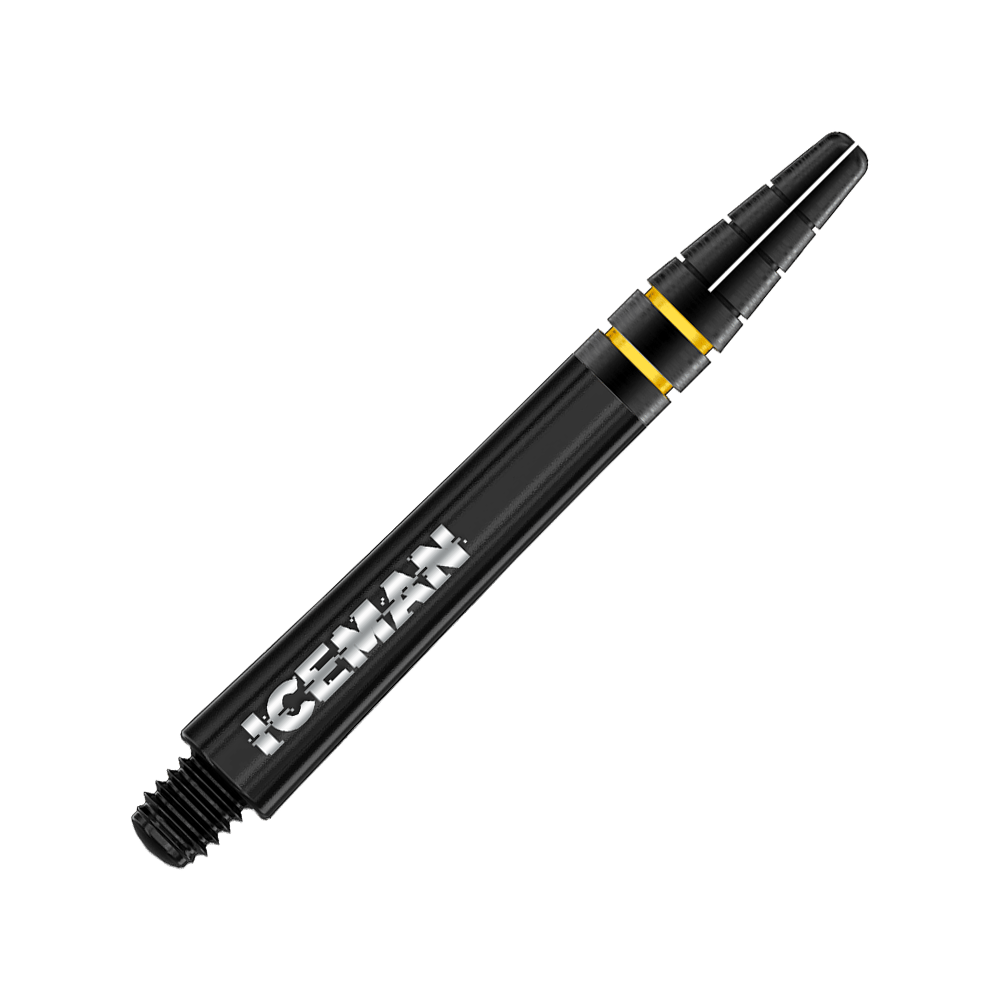 Das Bild zeigt einen schwarzen Dart Shaft mit der Aufschrift "ICEMAN" und goldenen Akzenten. Es handelt sich um das Produkt "Red Dragon Nitrotech Gerwyn Price Shafts Schwarz - 39mm".