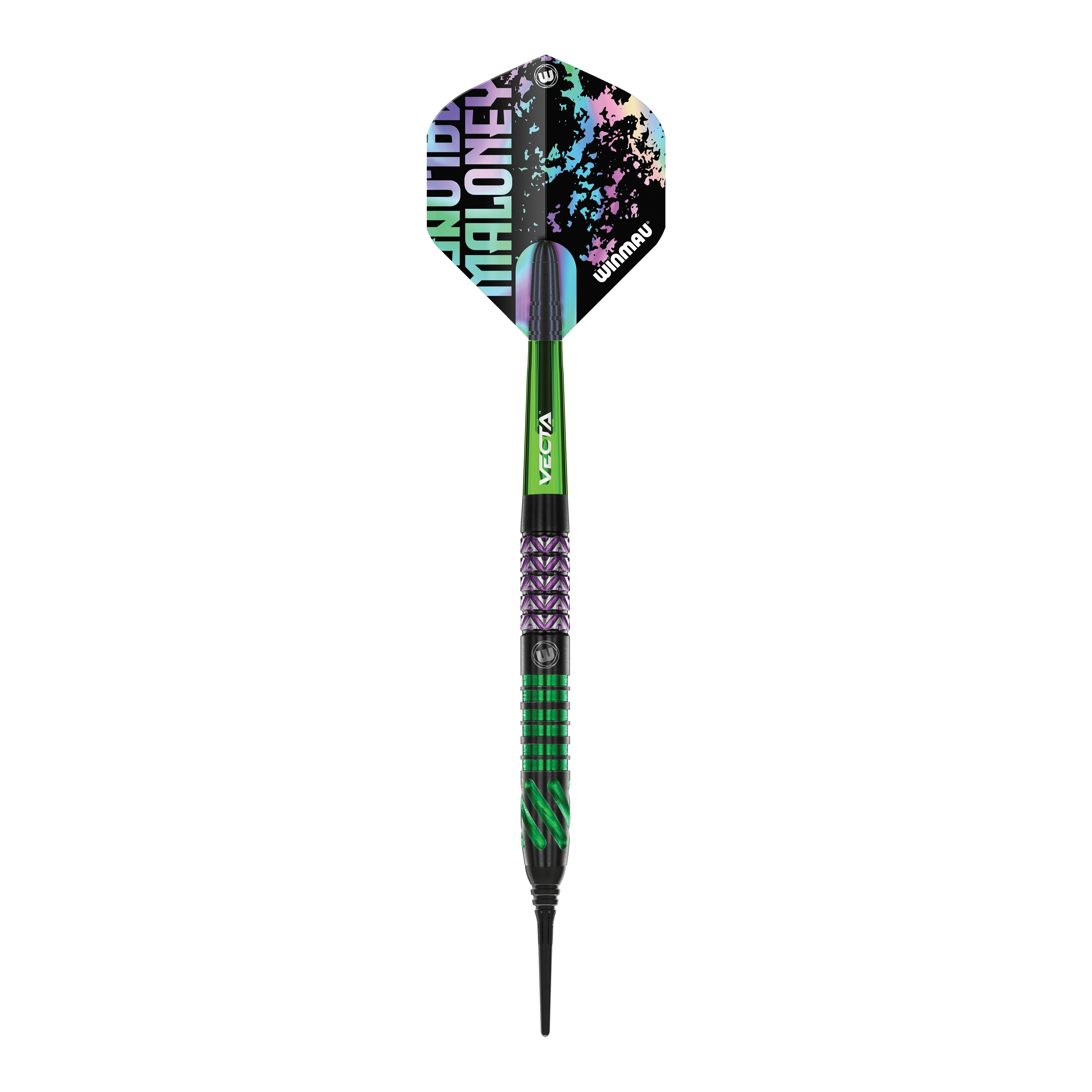 Das Bild zeigt einen Winmau Mike Maloney Softdart mit einem Gewicht von 20g. Der Dart hat ein farbiges Design mit grünen, lila und schwarzen Elementen.