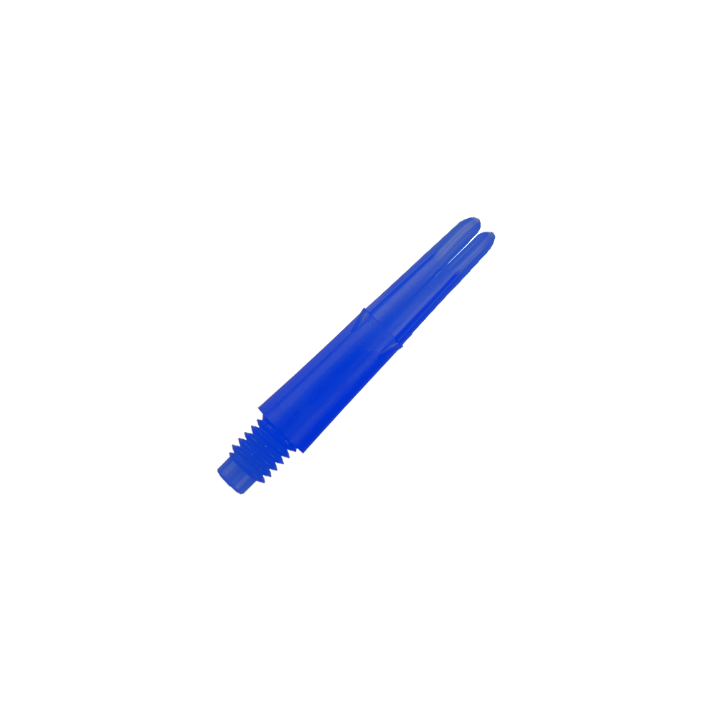 Auf dem Bild ist ein gerader, blauer Dart-Schaft ohne Kappen zu sehen. Er hat ein Gewinde am unteren Ende und ist 26 mm lang.