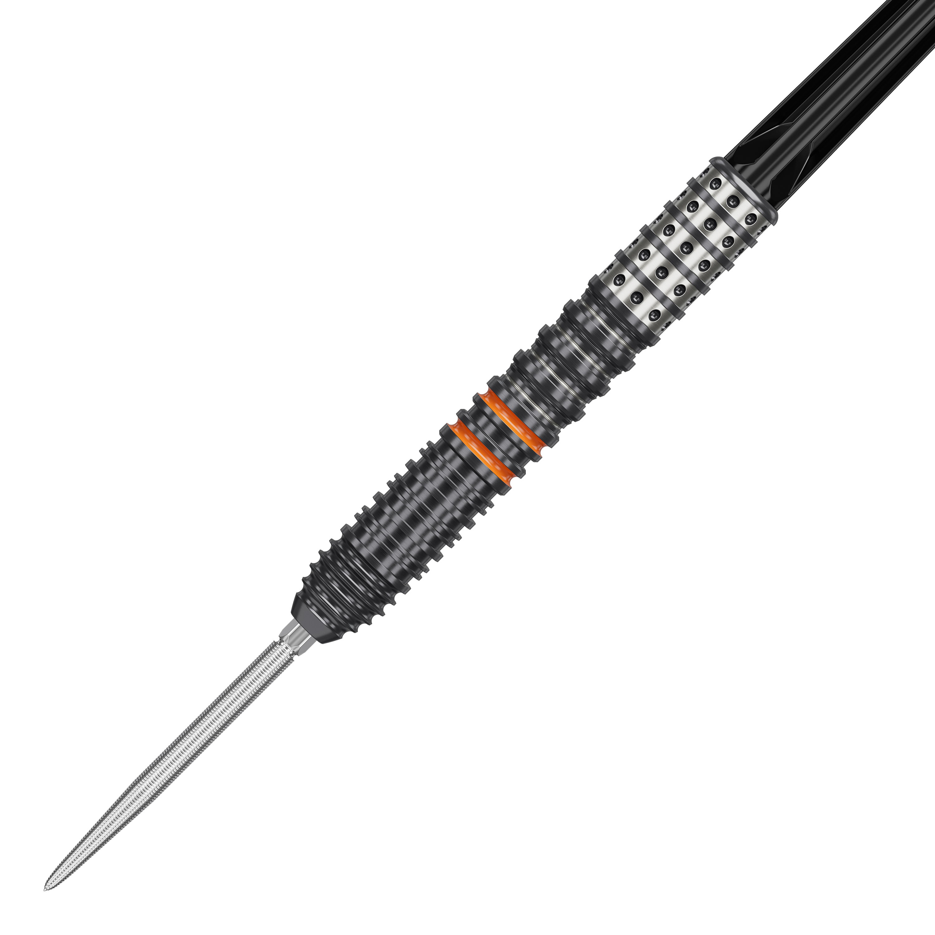 Das Bild zeigt einen Target Japan Black Marque Morpheus GEN2 Steeldart. Der Dartpfeil hat ein schwarzes, geriffeltes Griffstück mit silbernen und orangenen Akzenten.