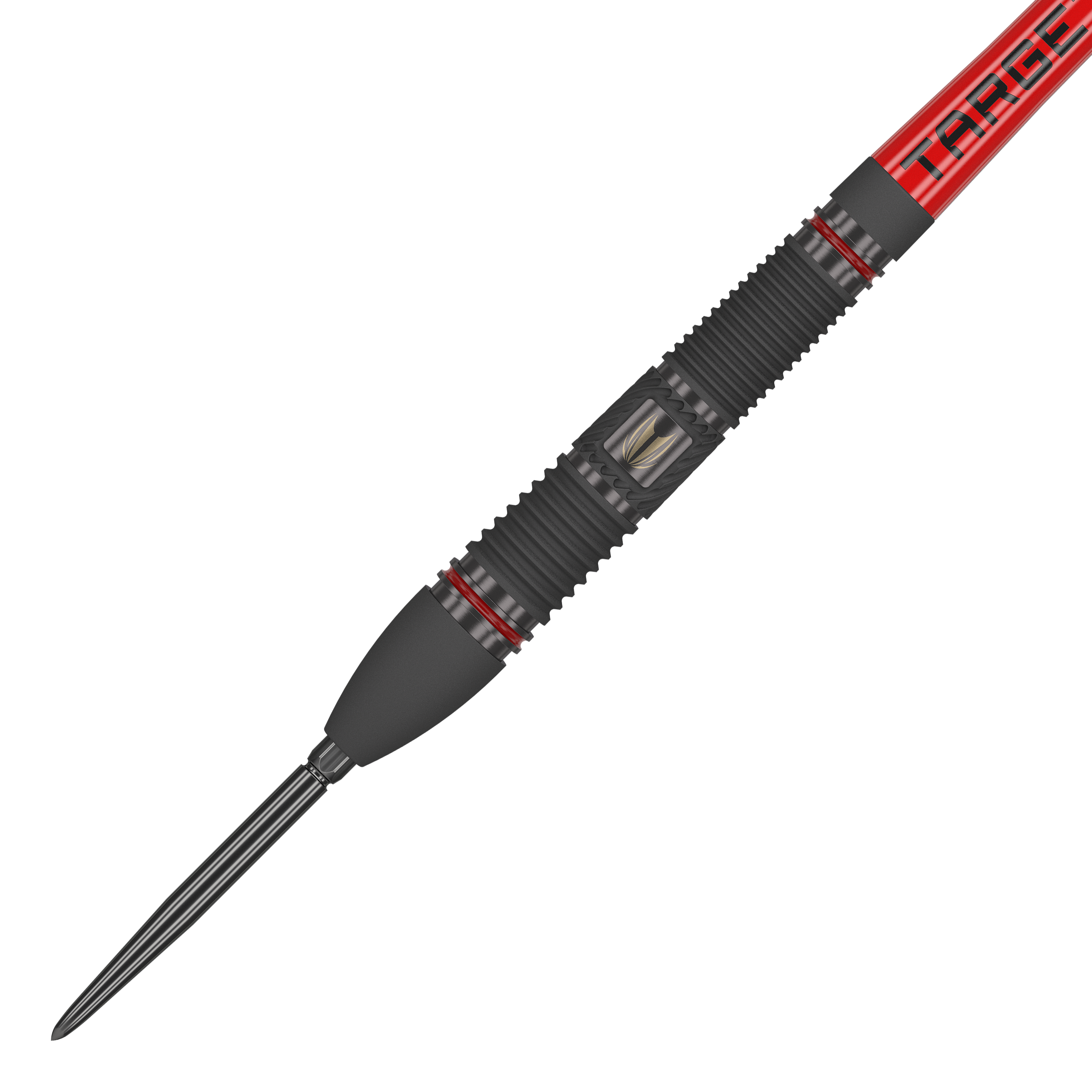 Target Scope 02 Swiss Point Steeldarts Das Bild zeigt einen Target Scope 02 Swiss Point Steeldart mit einem schwarzen und roten Design. Der Dartpfeil hat eine gerillte Griffzone und eine scharfe Metallspitze.