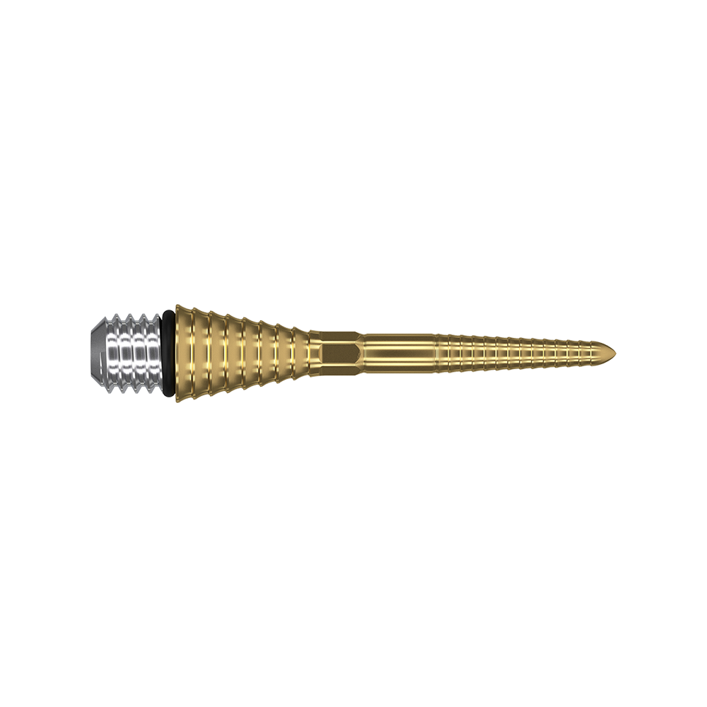 Das Bild zeigt einen Target Swiss Point Grooved Conversion Point in Gold. Die Spitze ist aus Metall und hat ein geriffeltes Design mit einer goldenen Farbe.