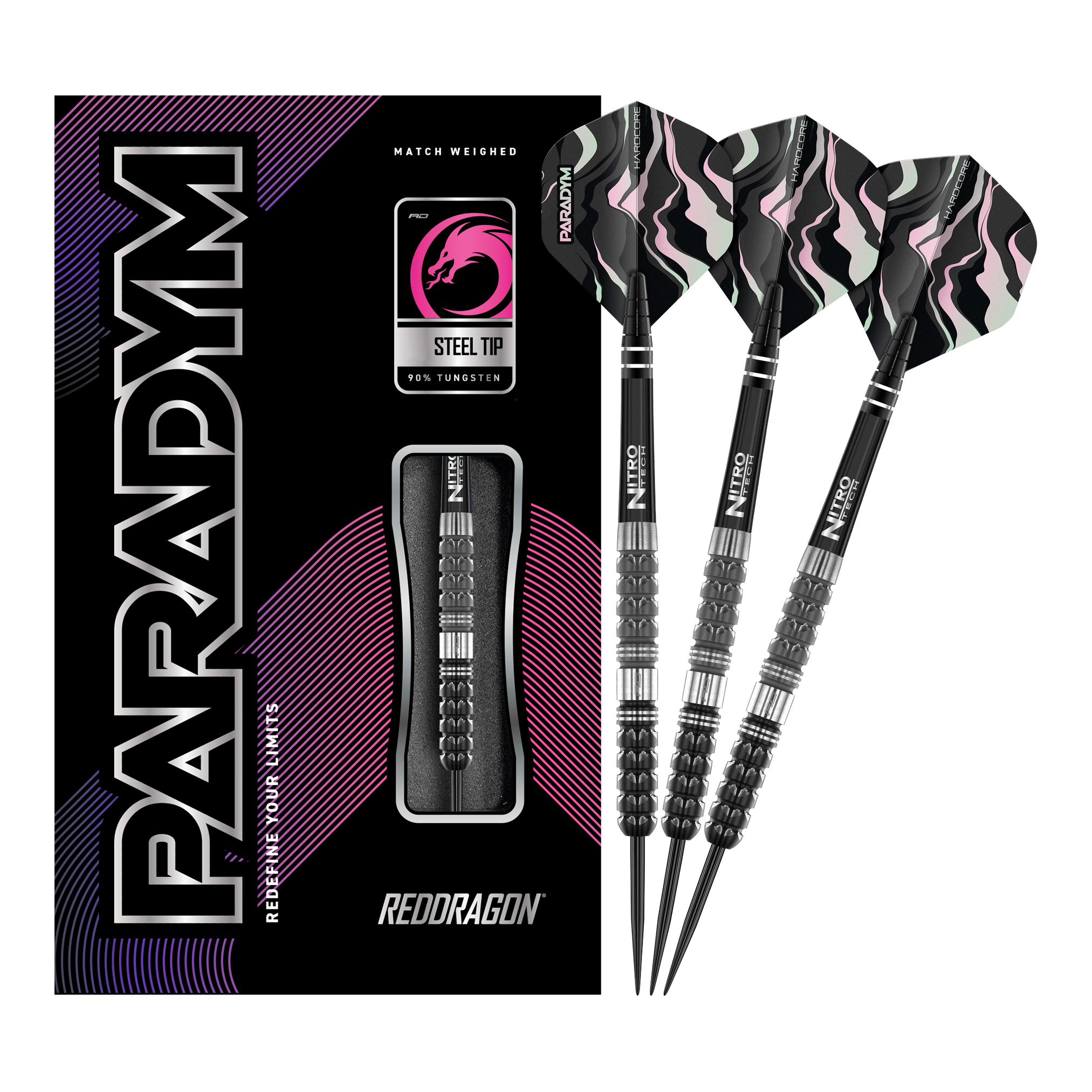 Red Dragon Paradym Tapered Steeldarts Das Bild zeigt das Produkt "Red Dragon Paradym Tapered Steeldarts" mit einer schwarzen Verpackung und drei Steeldarts. Die Darts haben schwarze, silberne und rosafarbene Details sowie auffällige Flights.