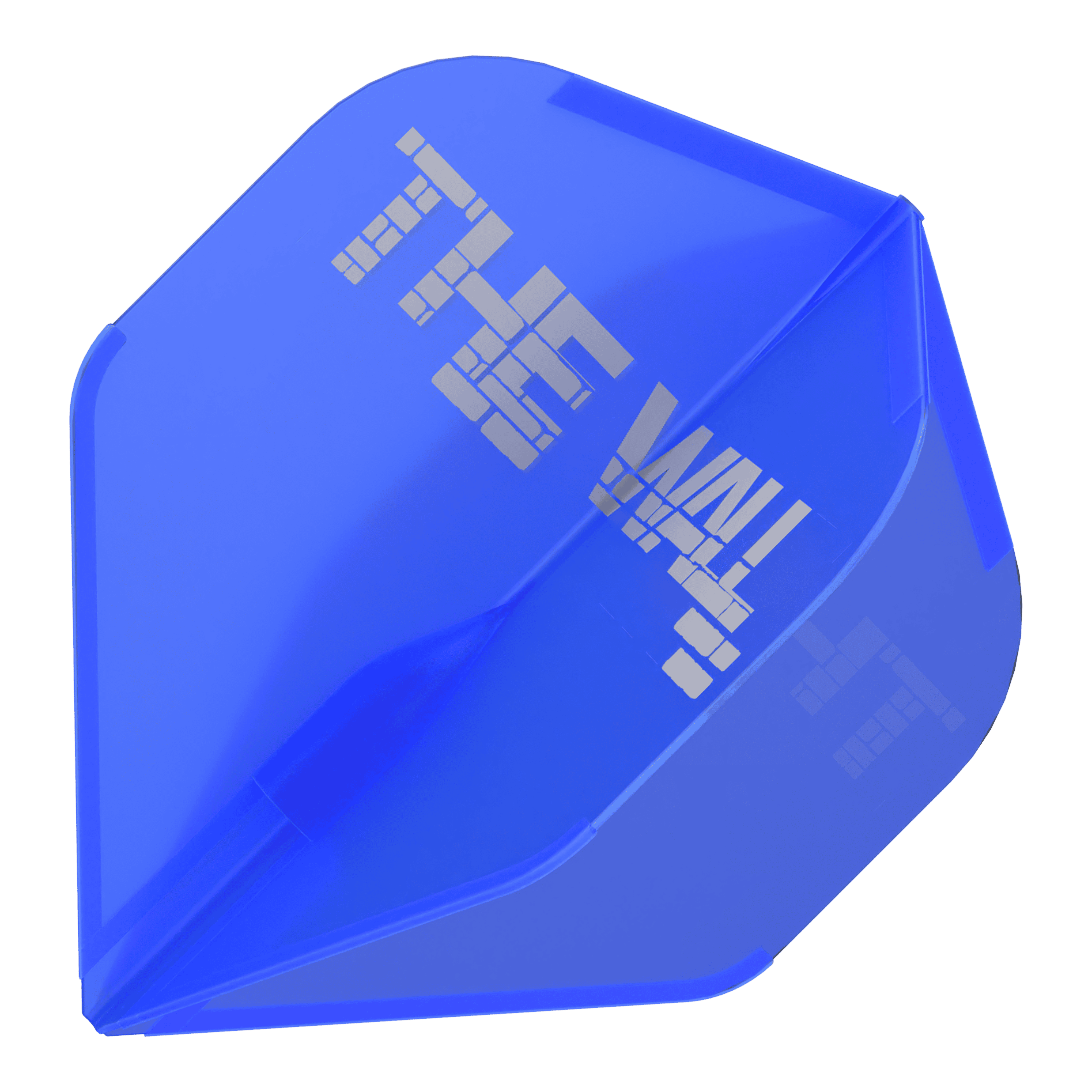Dies ist ein blauer Dartflight mit der Aufschrift "THE WALL" in silberner Schrift. Das Produkt heißt "L-Style Martin Schindler Blau L1EZ Flights".