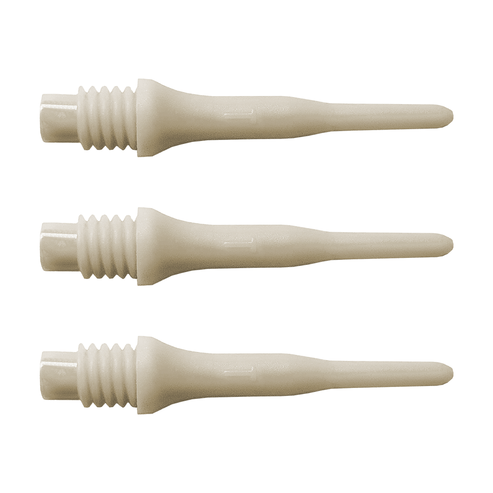 896_Bulls_Tefo_X_Softdart-Spitzen_100erPack_Weiss_12LOIF0TyEcmuU Das Bild zeigt drei helle Kunststoffspitzen mit Gewinde. Es handelt sich um Bulls Tefo X Spitzen, die als Ersatzteile für Softdarts verwendet werden.