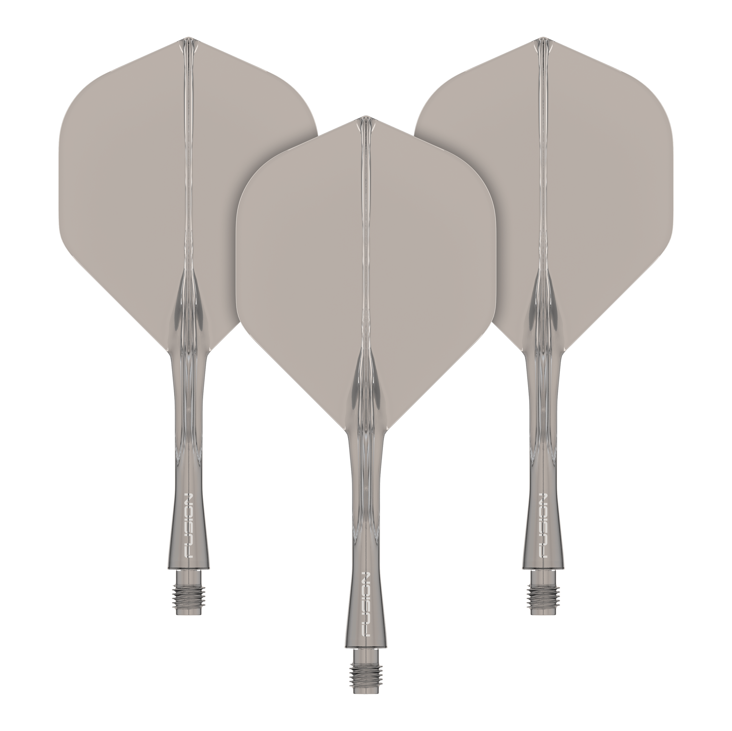 Winmau Fusion Flight Shaft System Standard Smokey Das Bild zeigt drei transparente Dartflights mit befestigten Shafts in rauchiger Optik. Sie sind nebeneinander angeordnet und tragen unten die Aufschrift "Fusion".