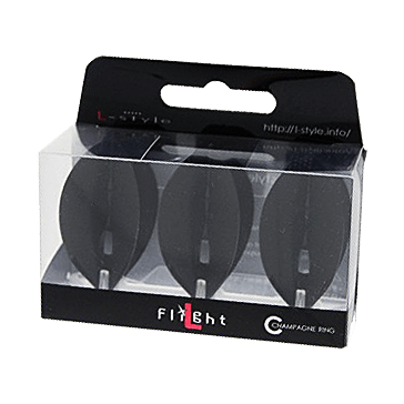 Das Bild zeigt eine Packung mit L-Style Champagne L2PRO Teardrop Flights in Schwarz. Die Verpackung enthält drei schwarze Dartflights, die sichtbar durch das Klarsichtfenster sind.
