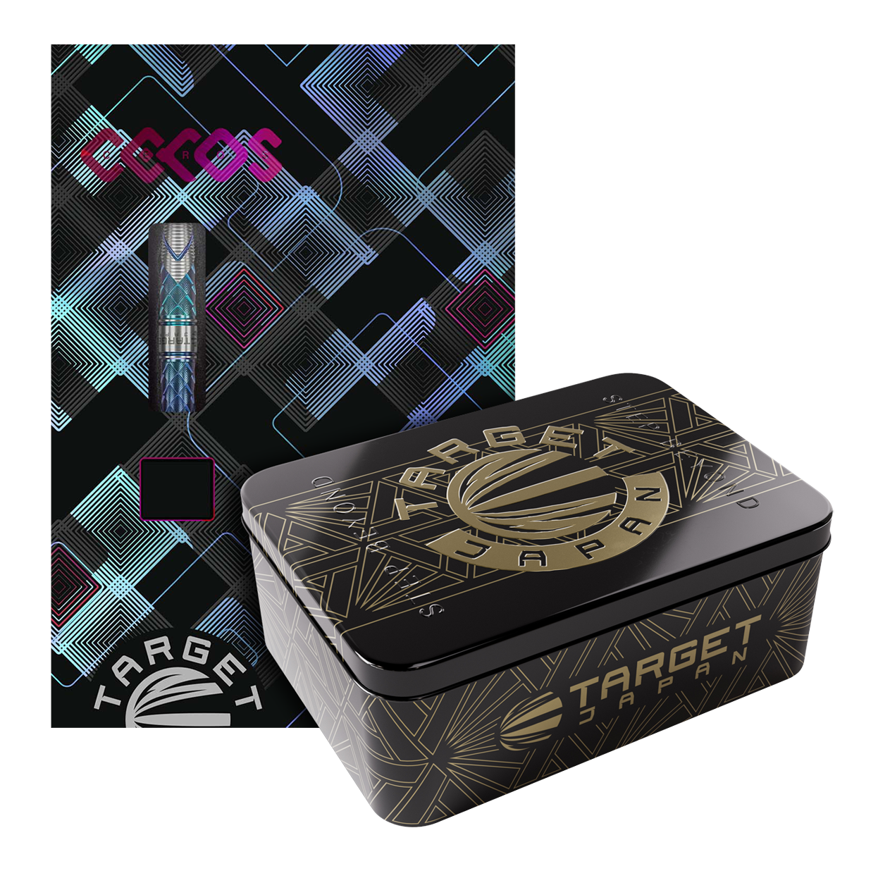 Target Japan Kaze Series Ceros 03 Softdarts - 19g Das Bild zeigt die "Target Japan Kaze Series Ceros 03 Softdarts - 19g" in einer dekorativen Verpackung. Neben der bunten Kartonverpackung steht eine elegante schwarze Metallbox mit goldenen Verzierungen.