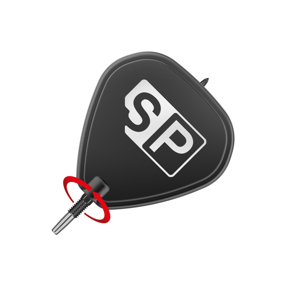 Target Swiss Point DX Dartspitzen - Black Das Bild zeigt eine schwarze Dartspitze mit der Aufschrift "SP" darauf. Ein roter Pfeil deutet auf eine Drehbewegung an der Schraubstelle hin.