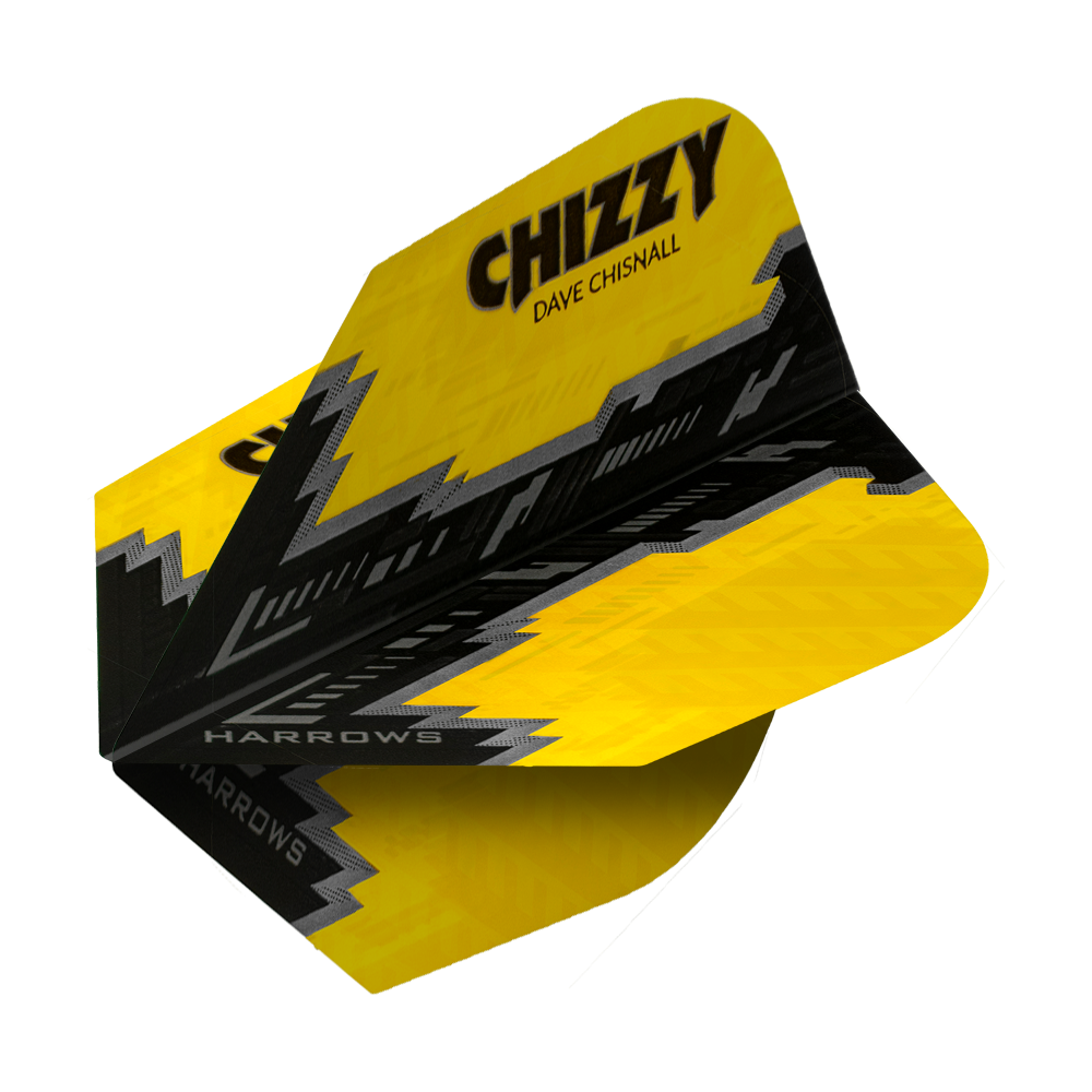Das Bild zeigt ein Dartflight mit dem Namen "Harrows Prime Dave Chisnall Schwarz No6". Das Flight ist überwiegend gelb und schwarz und trägt den Schriftzug "CHIZZY DAVE CHISNALL".