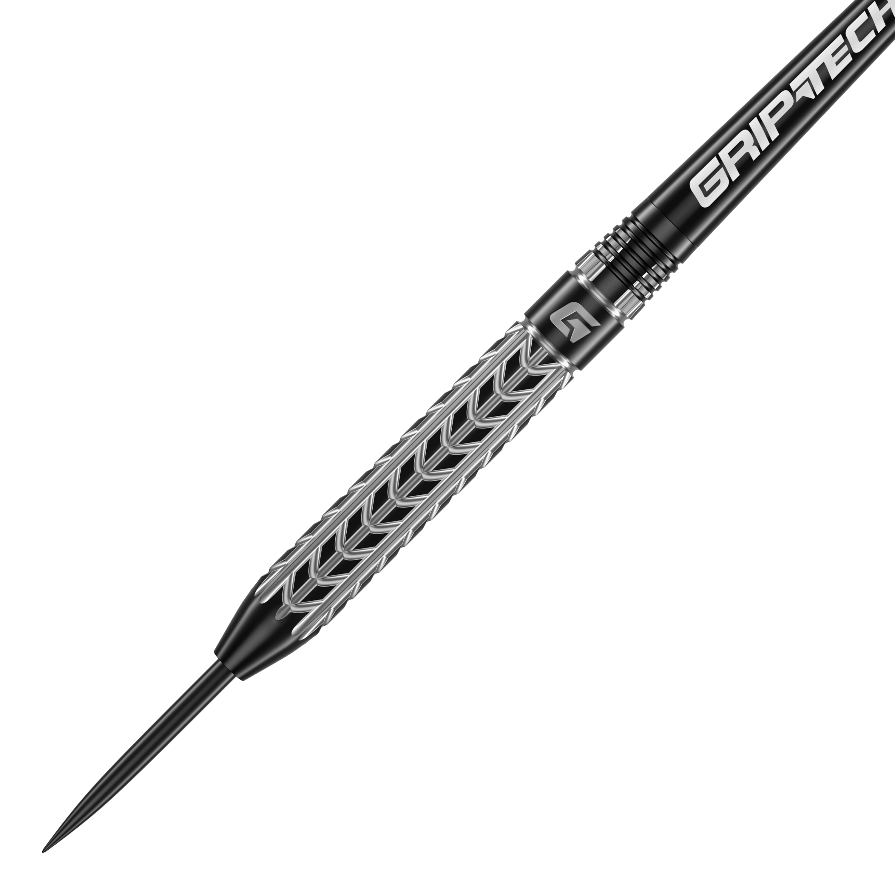 GOAT Traction Tungsten Steeldarts Das Bild zeigt einen GOAT Traction Tungsten Steeldart mit einem silbernen, strukturierten Griffbereich. Auf dem Schaft steht in weißer Schrift "GRIPTECH".