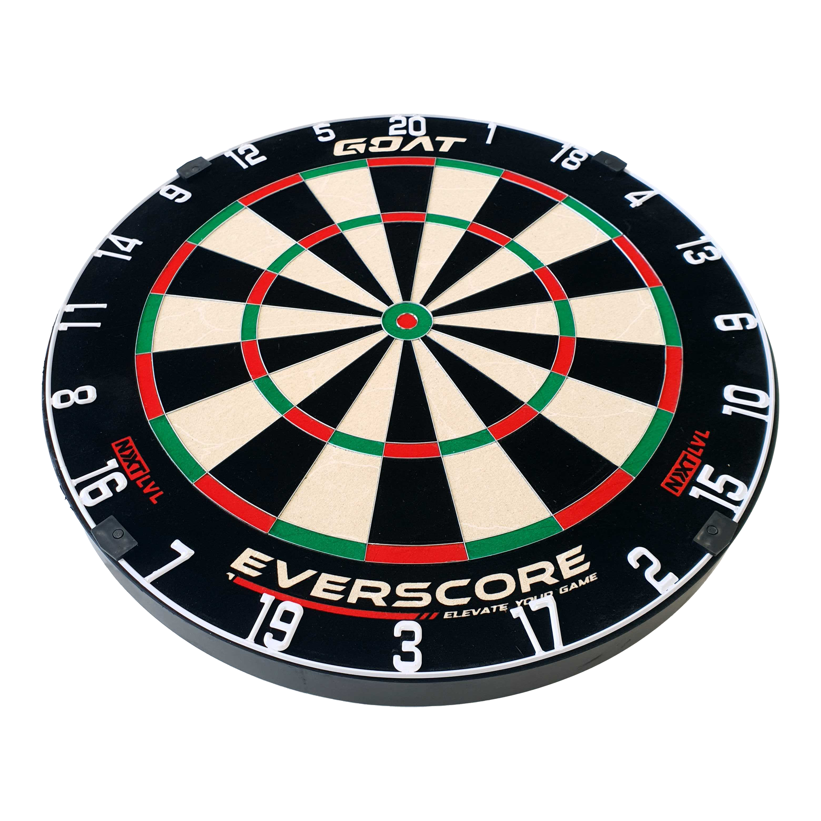 GOAT Everscore Steeldartboard Das Bild zeigt eine GOAT Everscore Steeldartboard. Die Dartscheibe ist rund und hat farbige Segmente sowie gut sichtbare Zahlen am Rand.