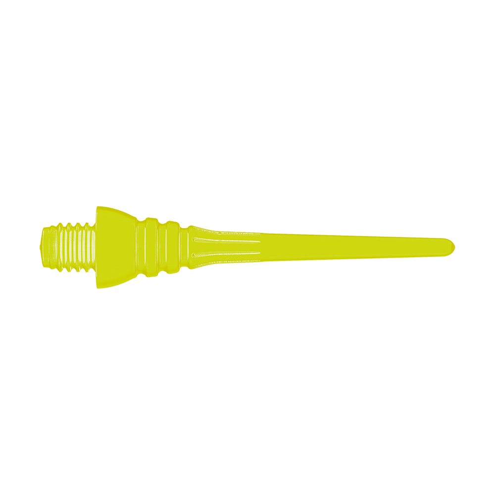 Winmau Triton Softtip Points Softdartspitzen (50-er Pack) Auf dem Bild ist eine gelbe Softdartspitze zu sehen. Sie hat ein Schraubgewinde auf der linken Seite und läuft nach rechts spitz zu.