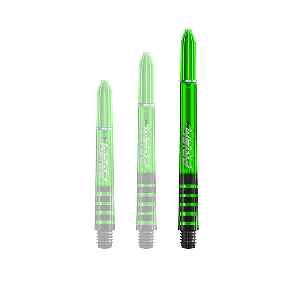 7020-205_Winmau_Prism_Force_Shafts_Gr-n_48mm_1n4ZPOHuz1BAsF Auf dem Bild sind drei grüne Dartschäfte mit schwarzen Streifen zu sehen. Sie unterscheiden sich in ihrer Länge und tragen den Schriftzug "Prism Force".