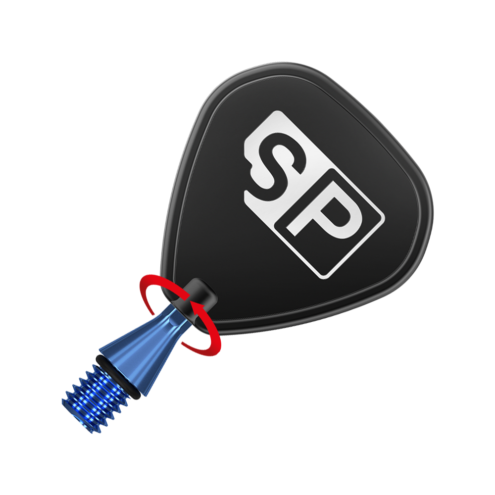 Das Bild zeigt die Target Swiss Point Nano Conversion Points in Blau. Die Spitze hat ein schraubbares Design mit einem schwarzen SP-Logo.