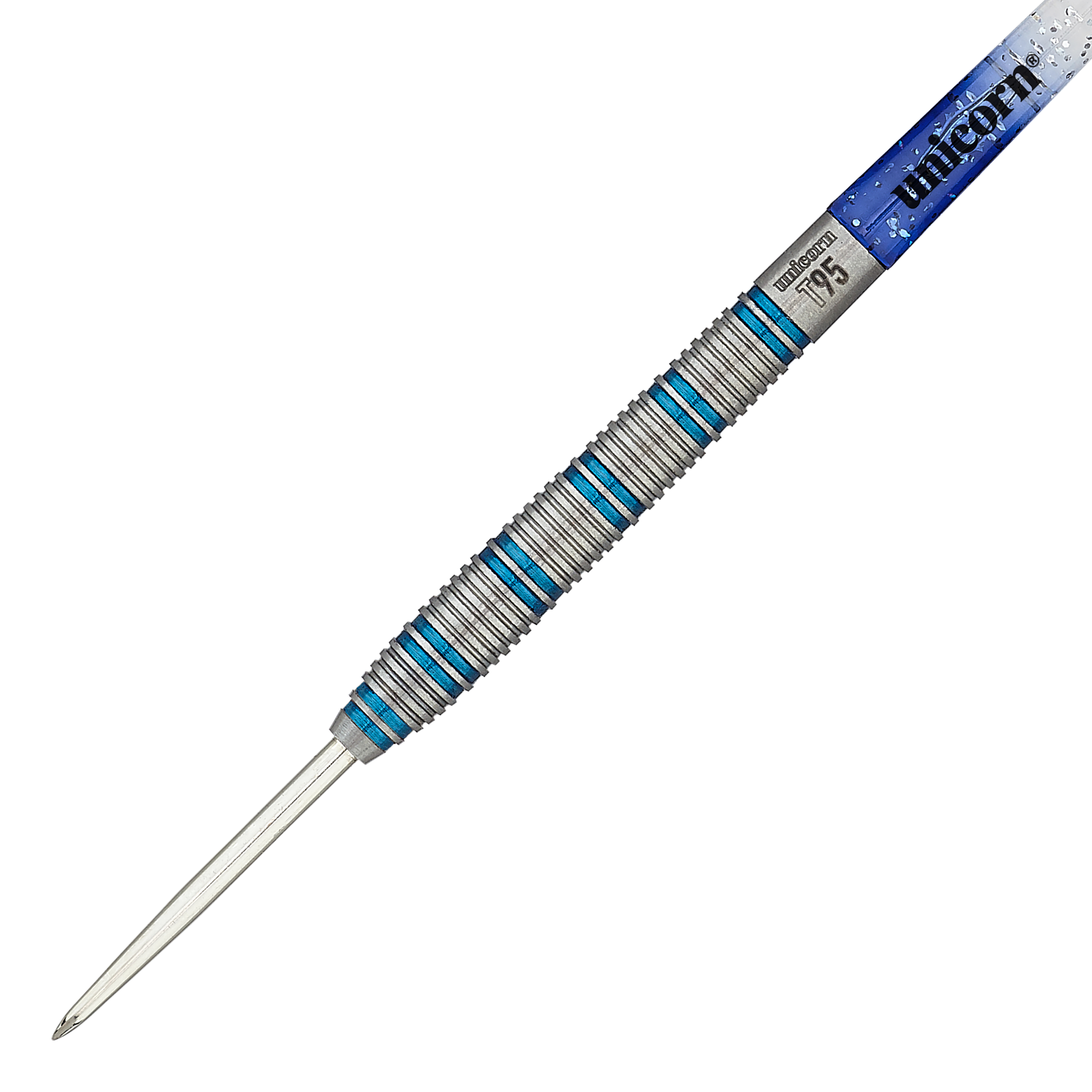 Das Bild zeigt einen Unicorn T95 Core XL Blue Style 1 Steeldartpfeil. Der Dartpfeil hat eine silberne Spitze, einen silbernen Griff mit blauen Ringen und einen blauen Schaft mit dem Unicorn-Logo.