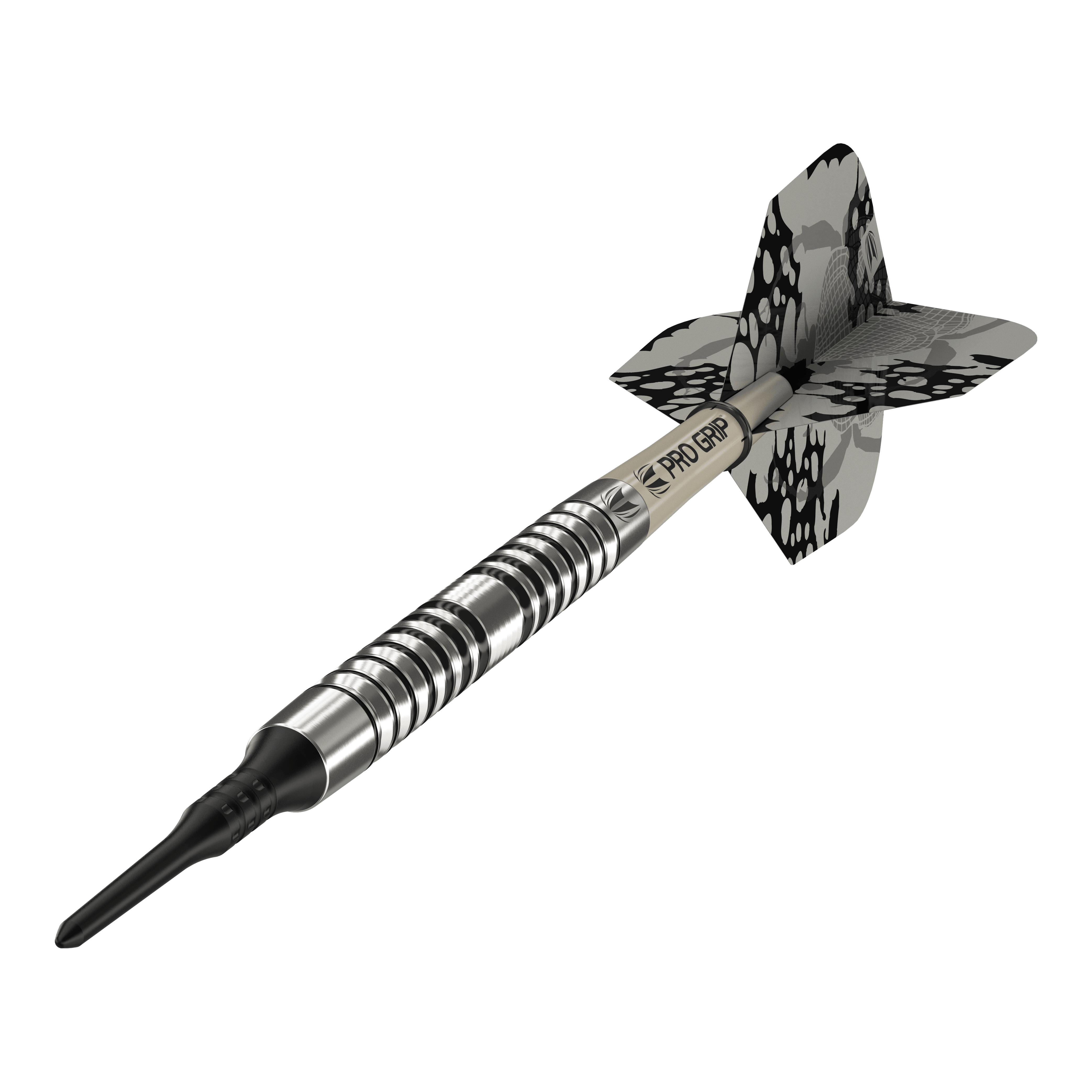 Target EXO 10 Softdarts Das Bild zeigt einen Target EXO 10 Softdart. Der Dartpfeil hat ein silbernes, gerieftes Barrel und schwarz-graue Flights mit Muster.