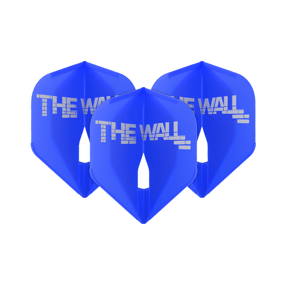 L-Style Martin Schindler Blau L1PRO Flights Das Bild zeigt drei blaue Dartflights mit der Aufschrift "THE WALL". Es handelt sich um das Produkt 'L-Style Martin Schindler Blau L1PRO Flights'.