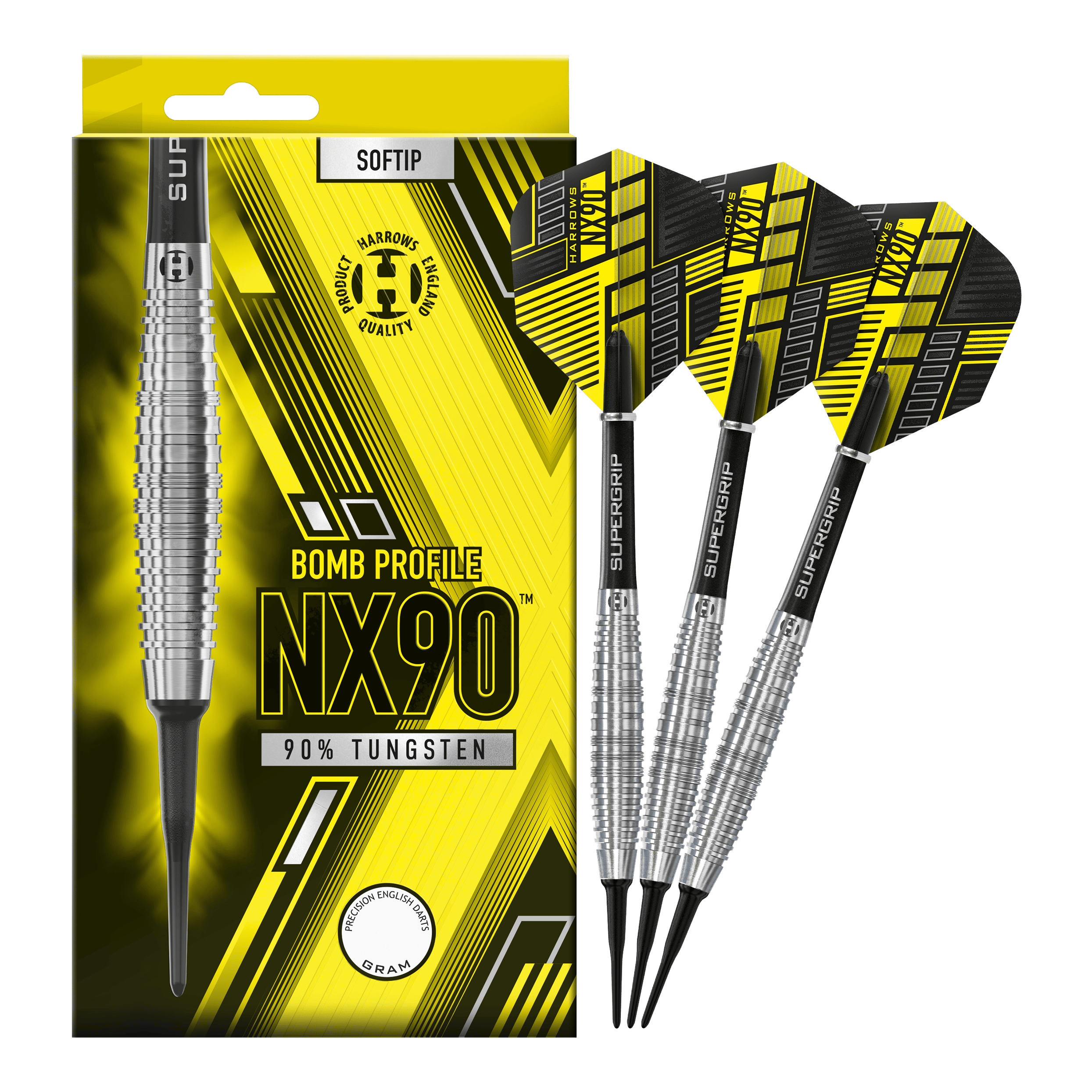 Harrows NX90 Bomb Softdarts Das Bild zeigt eine Packung Harrows NX90 Bomb Softdarts mit auffälligem gelb-schwarzem Design. Neben der Verpackung sind drei Softdarts mit silbernen Griffen und schwarzen Flights zu sehen.