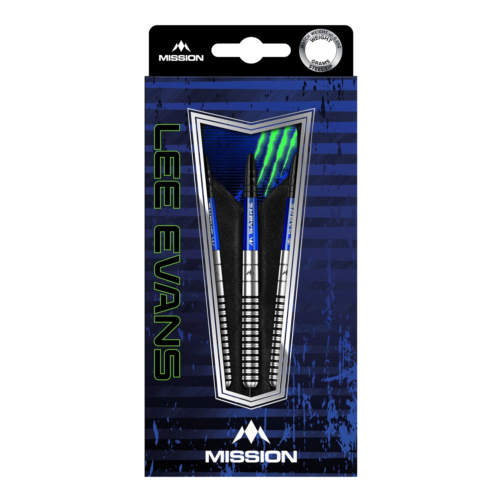 Mission Lee Evans Black Electro Steeldarts Auf dem Bild ist eine Verpackung der "Mission Lee Evans Black Electro Steeldarts" zu sehen. Die Verpackung ist überwiegend blau und schwarz gestaltet und zeigt drei silberne Steeldarts.