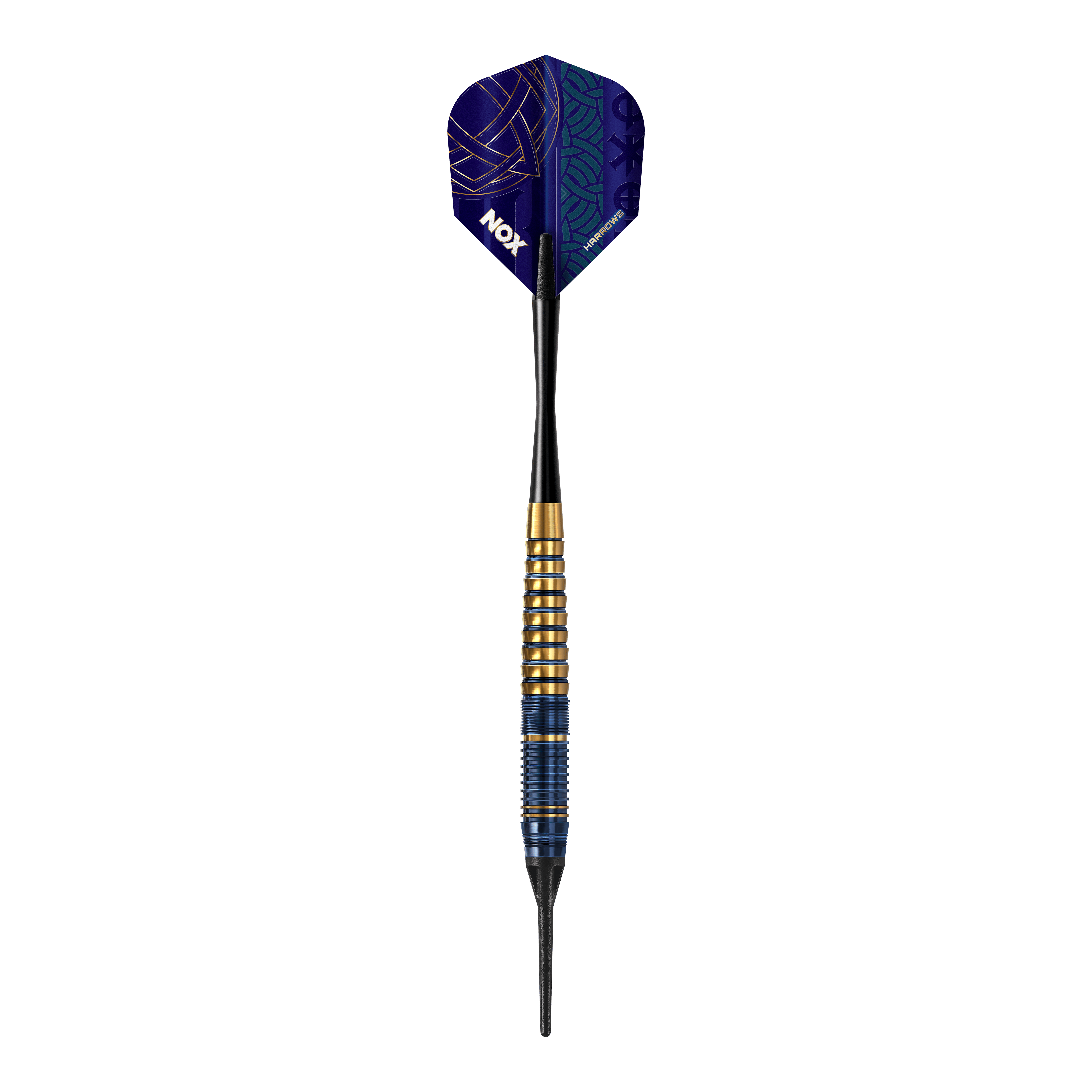 Harrows Nox Premium Brass Softdarts. Gezeigt wird ein Softdart-Set aus der Nox Premium Brass Serie von Harrows.