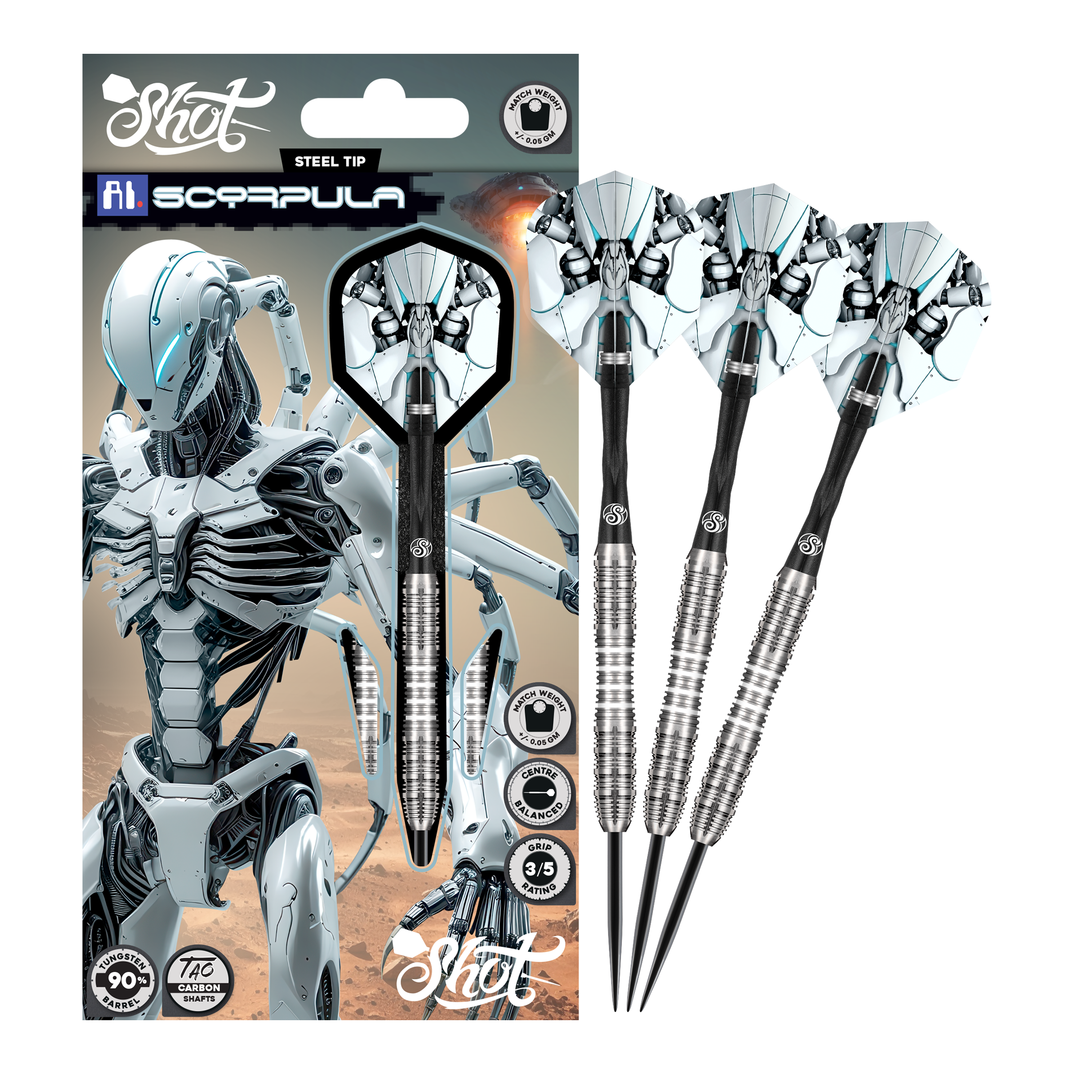 Shot AI Scorpula Steeldarts Zu sehen sind die Shot AI Scorpula Steeldarts in ihrer gesamten Länge. Das Produkt ist hochwertig verarbeitet.