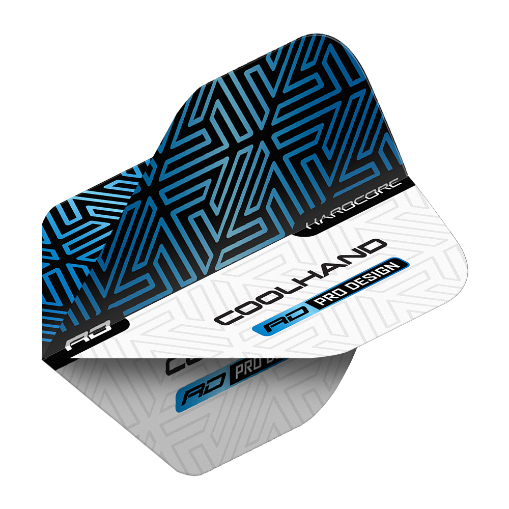 Das Bild zeigt die Red Dragon Hardcore Luke Humphries Blue White Premium Standard Flights. Die Flights sind blau-weiß gestaltet und tragen die Aufschrift „COOLHAND“ sowie „RD PRO DESIGN“.