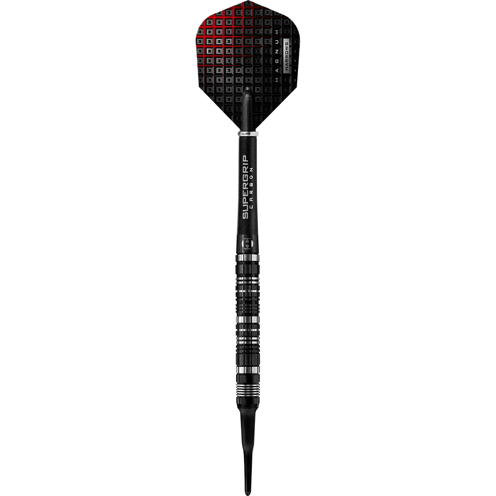 HA29471_Harrows_Magnum_Reloaded_Softdarts_1RIpEbjOlTzsya Auf dem Bild ist ein Harrows Magnum Reloaded Softdart zu sehen. Der Dartpfeil hat ein schwarzes Design mit silbernen Akzenten und einer strukturierten Flights.