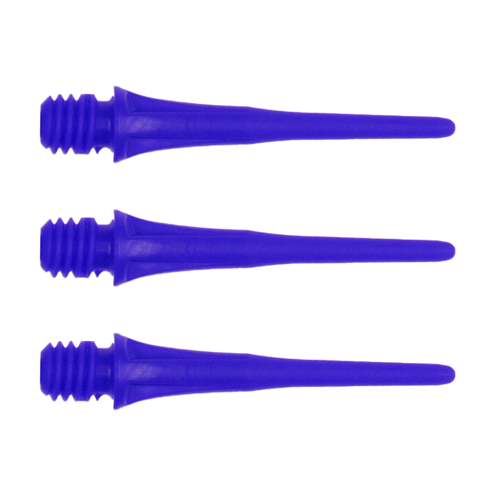 Das Bild zeigt drei blaue Dartspitzen mit Schraubgewinde. Sie sind nebeneinander in einer Reihe angeordnet.