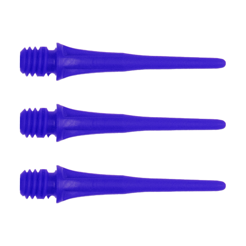 X9050_Cosmo_Fit_Point_Plus_2BA_Spitzen_Blau_1 Das Bild zeigt drei blaue Dartspitzen mit Schraubgewinde. Sie sind nebeneinander in einer Reihe angeordnet.