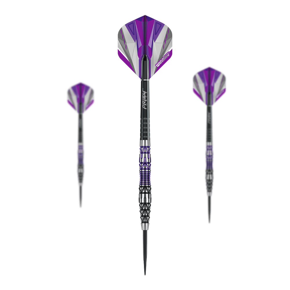Das Bild zeigt drei Steeldarts des Produkts "Winmau Simon Whitlock Special Edition 2020". Die Pfeile sind schwarz, silber und lila gefärbt und haben auffällige Muster am Schaft.