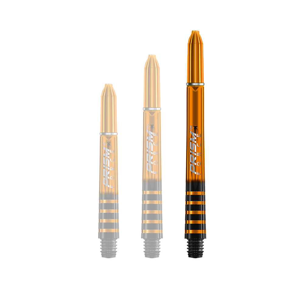 Das Bild zeigt drei orangefarbene Winmau Prism Force Shafts in unterschiedlichen Längen. Die Shafts haben schwarze Streifen und den Aufdruck "Prism Force" in Weiß.