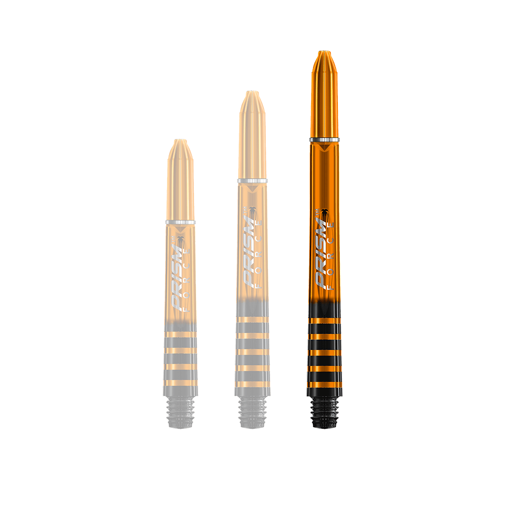 7020-207_Winmau_Prism_Force_Shafts_Orange_48mm_1KWhSGHKtaXdix Das Bild zeigt drei orangefarbene Winmau Prism Force Shafts in unterschiedlichen Längen. Die Shafts haben schwarze Streifen und den Aufdruck "Prism Force" in Weiß.