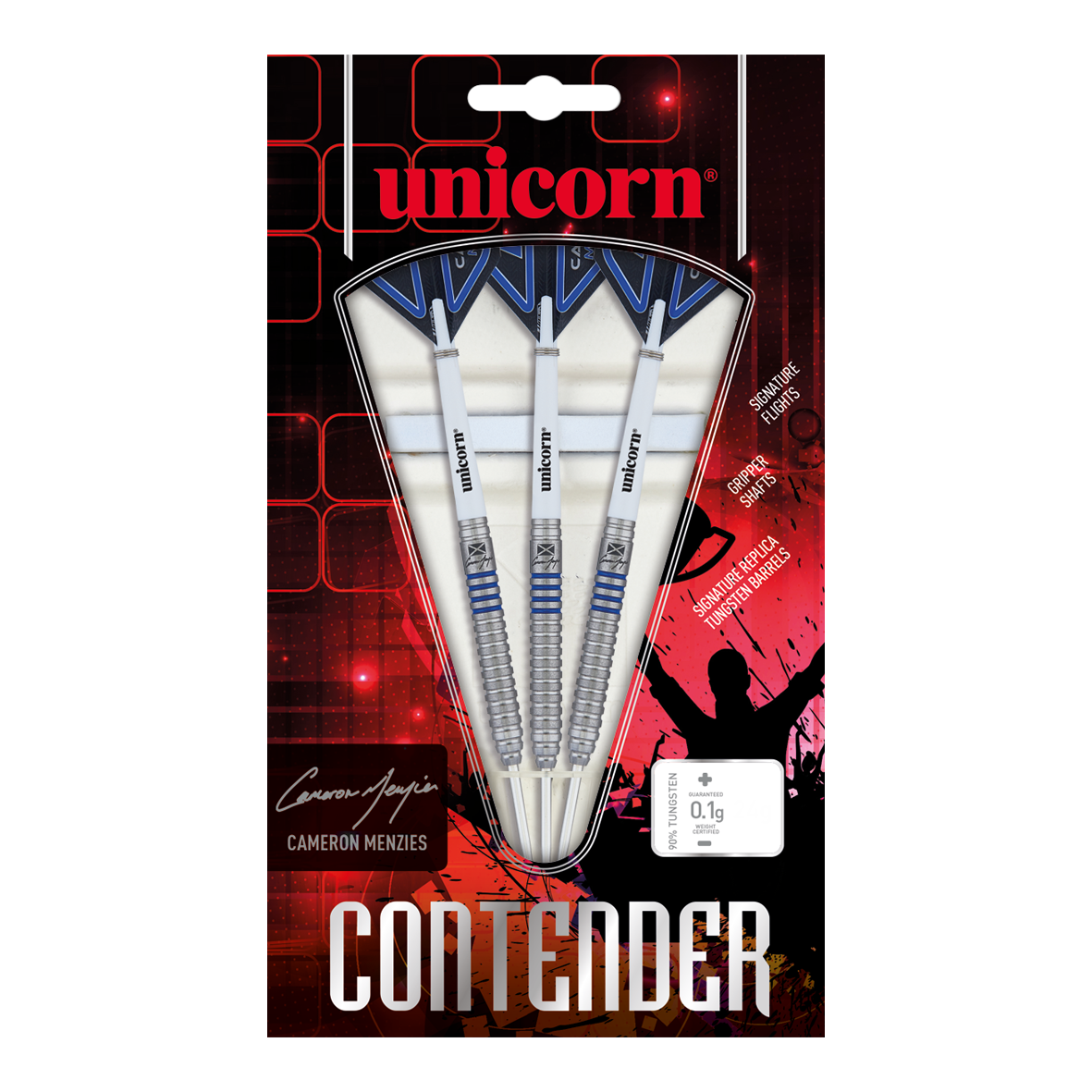 Das Bild zeigt eine Packung Unicorn Contender Camerion Menzies Steeldarts mit einem Gewicht von 23g. In der Verpackung befinden sich drei silberne Darts mit blauen Akzenten.