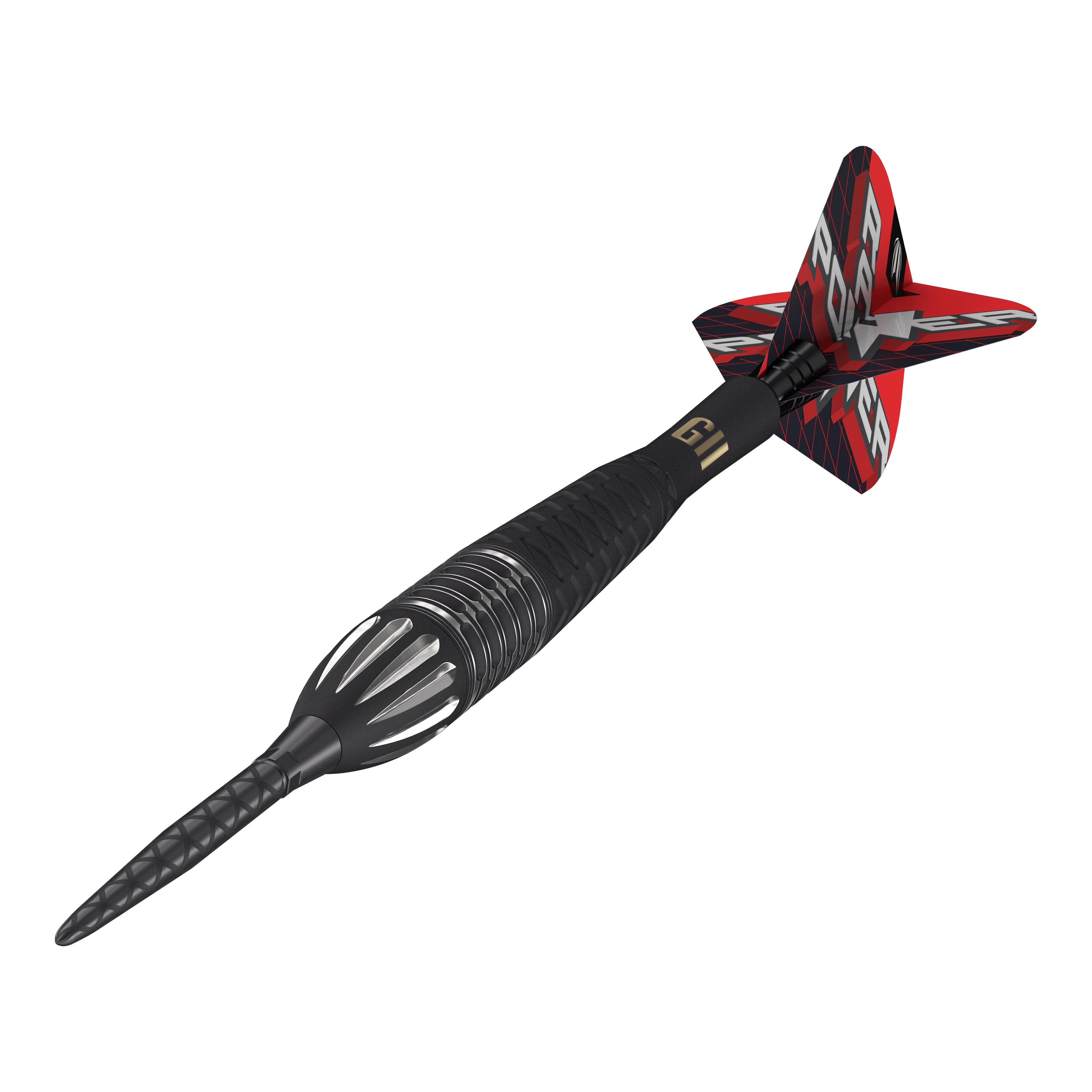 Das Bild zeigt einen Target Phil Taylor RAW Power 9Five GEN11 Swiss Point Steeldart. Der Dartpfeil hat ein schwarzes und silbernes Design mit roten Flights und der Aufschrift "POWER".