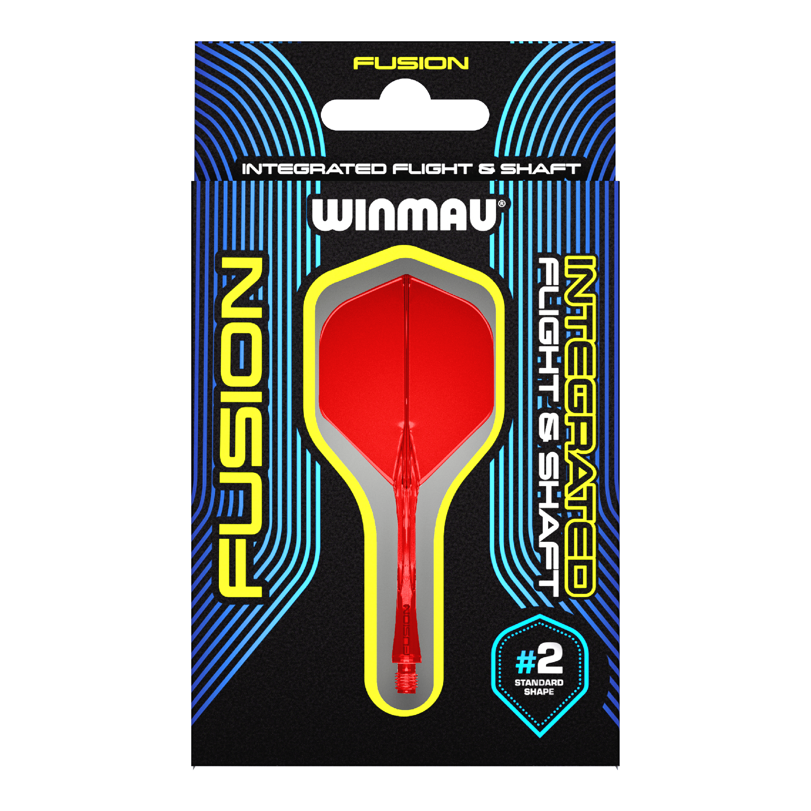 Winmau Fusion Flight-Shaft-System Standard Rot Das Bild zeigt eine Verpackung für das Winmau Fusion Integrated Flight & Shaft System in Rot. Im Mittelpunkt ist ein integrierter Dart-Flügel mit Schaft der Größe #2 im Standard-Shape zu sehen.